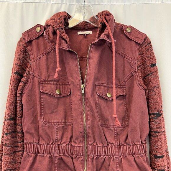 Maurices Womens Long Jean Jacket Wine Full Zip Knit Hood Pockets Collar M - Picture 2 of 10
